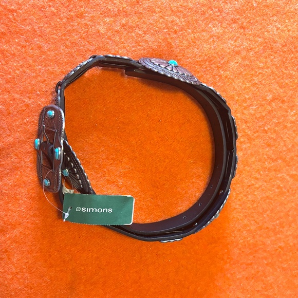 Floral metal medallion and blue turquoise stone faux leather western belt NWT - Picture 3 of 10